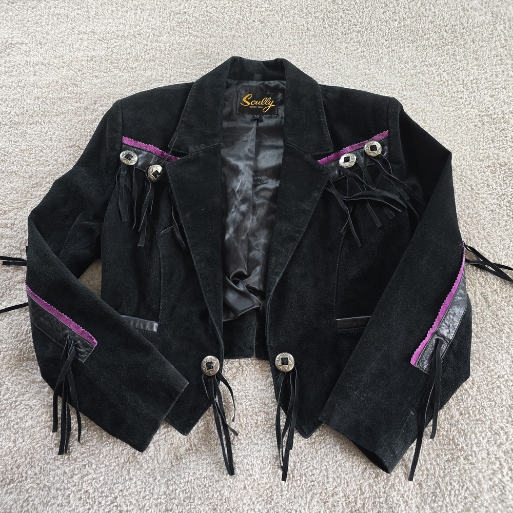 Scully Women's Western Black Leather Jacket Concho & Fringe Accents Rodeo Sz 10